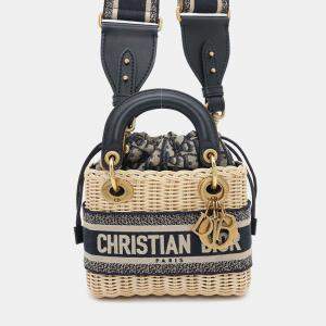 Dior Beige/Navy Blue Wicker Jacquard Lady Dior Oblique Mini Shoulder Bag