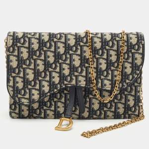 Dior Navy Blue/Beige Oblique Canvas Saddle Chain Pouch