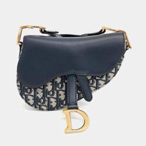 Dior Navy Blue Canvas and Leather Oblique Mini Saddle Strap Bag