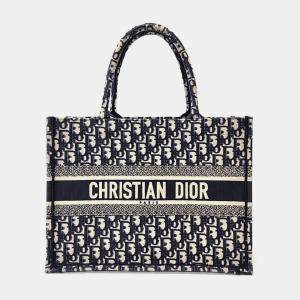 Dior Beige Navy Blue Fabric Oblique Book Tote Bag