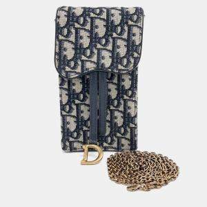 Dior Navy Blue Fabric Oblique Saddle Chain Crossbody Bag