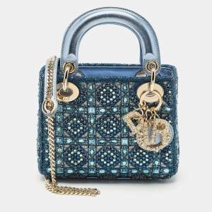 Dior Metallic Blue Leather and Satin Embellished Mini Lady Dior Tote