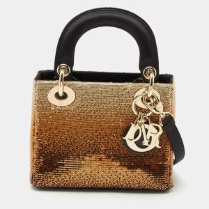 Dior Gold/Black Sequin and Satin Mini Lady Dior Tote