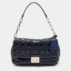 Dior Dark Blue Cannage Quilted Patent Leather New Lock Flap Bag