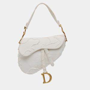 Dior White Embroidered Canvas Camouflage Saddle Bag