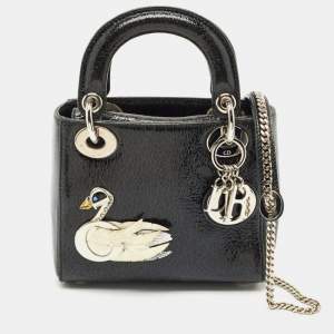 Dior Black Crackled Leather Mini Jeweled Swan Lady Dior Tote