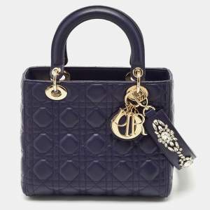Dior Dark Purple Cannage Leather Medium Lady Dior Tote