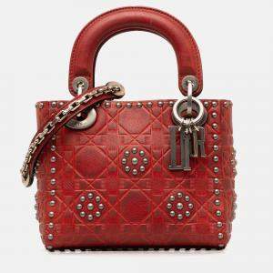 Dior Red Mini Embossed Calfskin Cannage Studded Flower Lady Dior