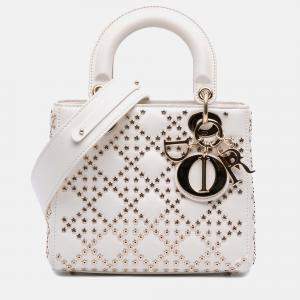 Dior White Small Lambskin Cannage Lucky Star Studded Lady Dior