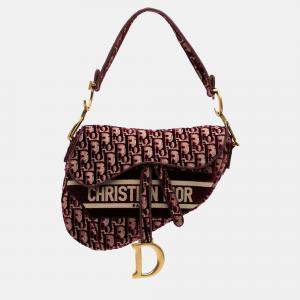 Dior Burgundy Oblique Embroidered Velvet Saddle Bag