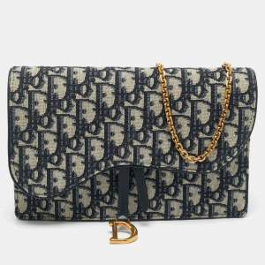 Dior Navy Blue Oblique Canvas Saddle Pouch Wallet On Chain