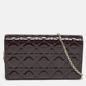 Dior Burgundy Cannage Patent Leather Lady Dior Pouch with Chain