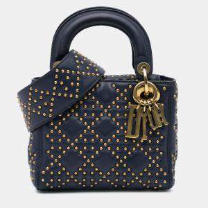 Dior Navy Blue Mini Lambskin Cannage Studded Supple Lady Dior