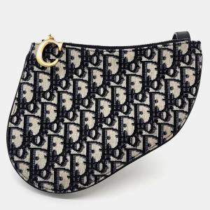 Dior Beige/Blue Canvas Oblique Saddle Crossbody Bag
