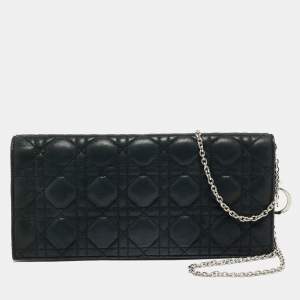 Dior Black Shimmer Cannage Leather Lady Dior Chain Clutch