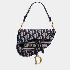 Dior Navy Blue Oblique Embroidered Canvas Saddle Bag