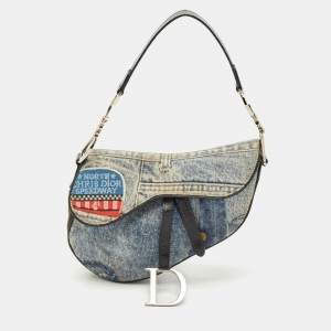 Dior Blue Denim and Patent Leather Speedway Saddle Bag