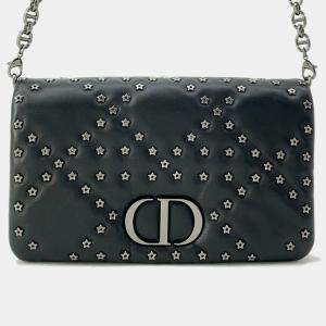 Christian Dior Lucky Star Black Caro Cannage Studs Leather Wallet On Chain