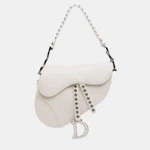 Dior White Studded Leather Saddle Bag