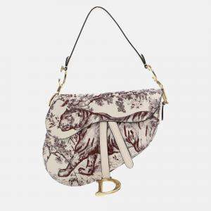 Dior White Embroidered Calfskin Toile De Jouy Saddle Bag