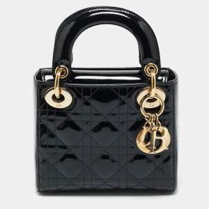 Dior Black Cannage Patent Leather Mini Lady Dior Tote