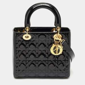 Dior Black Cannage Patent Leather Medium Lady Dior Tote