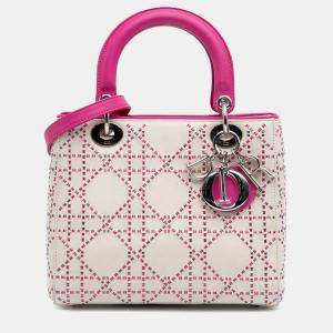 Dior Lady Dior Medium Pink/White Lambskin Cannage Stitched Tote Bag