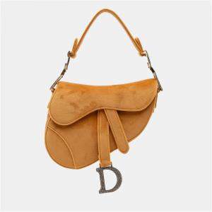 Dior Yellow Mini Velvet Crystal Embellished Saddle Bag
