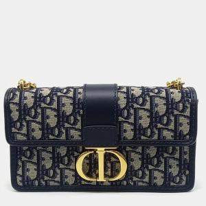 Pre Owned Dior Navy Blue Fabric Oblique 30 Montaigne Bag East West