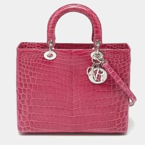 Dior Fuchsia Shine Crocodile Large Lady Dior Tote