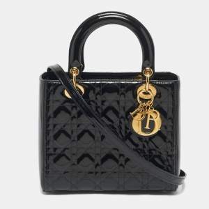 Pre Owned Dior Black Cannage Patent Leather Medium Lady Dior Tote