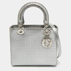 Dior Silver Micro Cannage Patent Leather Medium Lady Dior Tote