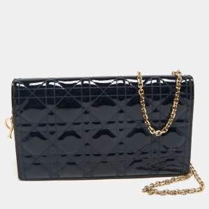 Pre Owned Dior Navy Blue Cannage Patent Leather Lady Dior Chain Clutch