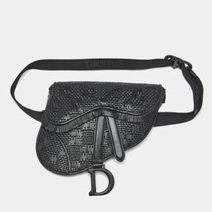 Pre Owned Dior Black Woven Leather Saddle Belt Bag
