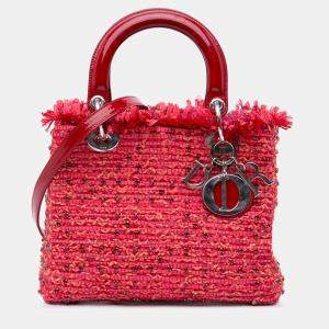 Pre Owned Dior Red Medium Tweed Fringe Rhinestone Lady Dior