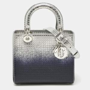 Dior Silver/Navy Blue Microcannage Patent Leather Medium Lady Dior Tote