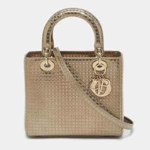 Pre Owned Dior Gold Microcannage Patent Leather Medium Lady Dior Tote