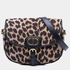 Pre Owned Dior Brown Mizza Medium Embroidered Canvas Leopard Bobby Crossbody