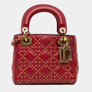 Dior Red Mini Lambskin Cannage Studded Supple Lady Dior