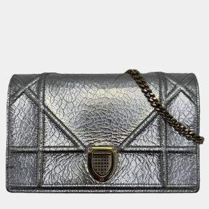 Dior Diorama Metallic Silver Brushed Calfskin Wallet on Chain