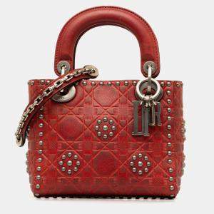 Dior Red Mini Embossed Calfskin Cannage Studded Flower Lady Dior