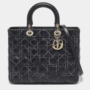 Pre Owned Dior Black Cannage Stitched Leather Large Lady Dior Tote