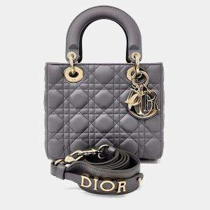 Pre Owned Dior Grey Leather Small Cannage Lady Dior Bag