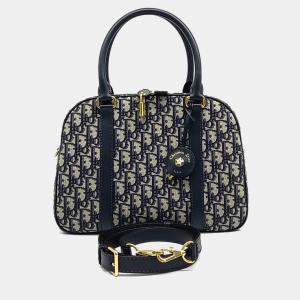 Pre Owned Dior Navy Blue Calf Leather Oblique D-Vibe Bowling Bag
