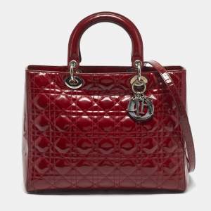 Pre Owned Dior Red Cannage Patent Leather Large Lady Dior Tote