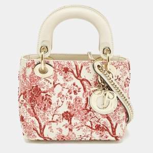 Pre Owned Dior Red/White Leather Mini Floral Embroidered Lady Dior Tote