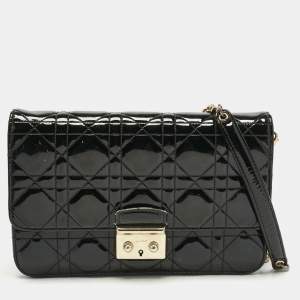 Pre Owned Dior Black Cannage Patent Leather Miss Dior Promenade Wallet On Chain