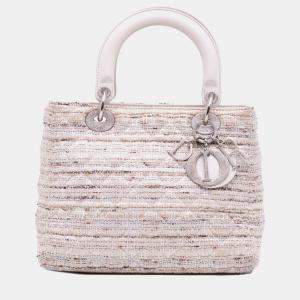 Dior White Medium Tweed Cannage Lady Dior
