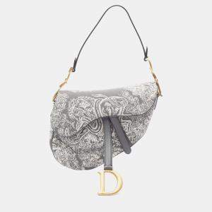 Dior Grey Canvas Embroidered Reverse Toile De Jouy Saddle Bag