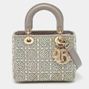 Dior Light Grey Leather and Satin Crystal Embellished Cannage Small Lady Dior Tote